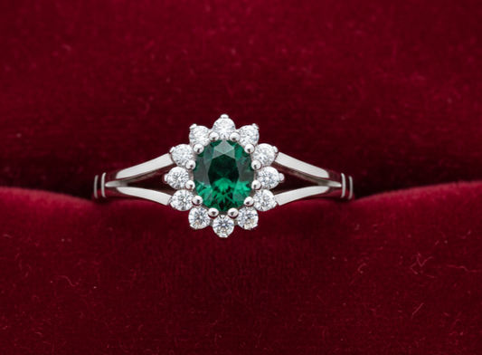 Sterling Silver Emerald Ring Oval Cluster Engagement 925 Hallmark Size K-S