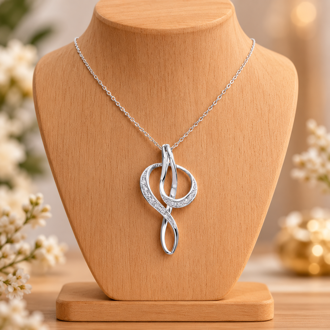 Natural Diamond Knot Pendant 9ct White Gold 18" Chain Hallmark British Made