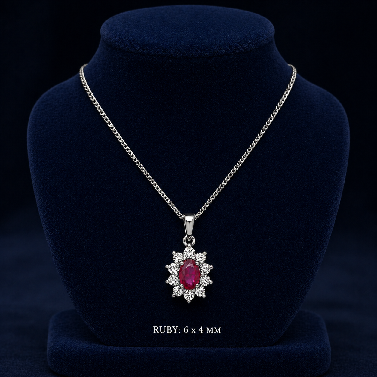 Ruby Oval Cluster Pendant With 0.35ctw Diamond 18ct White Gold 18" 46cm Chain
