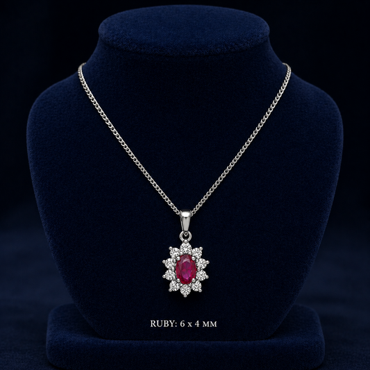 Ruby Oval Cluster Pendant With 0.35ctw Diamond 18ct White Gold 18" 46cm Chain
