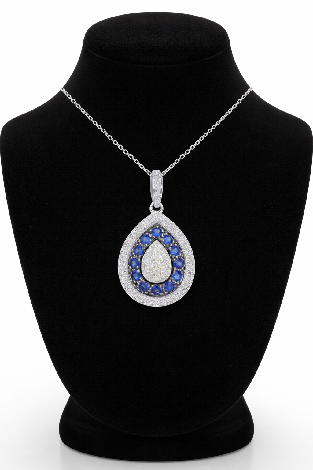 Real Sapphire and Diamond Teardrop Pendant 9ct White Gold 16" 41cm Length Chain