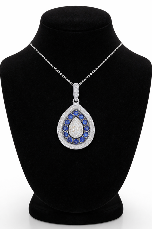Real Sapphire and Diamond Teardrop Pendant 9ct White Gold 16" 41cm Length Chain