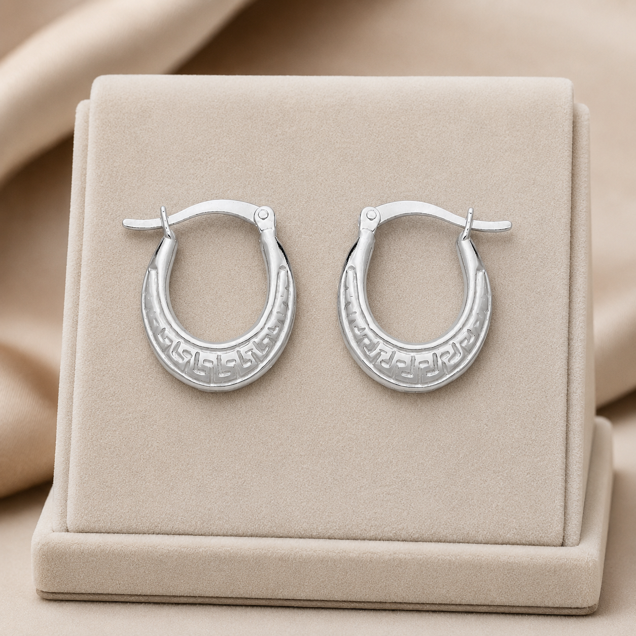 Greek Key Oval Creole Hoop Earrings Sterling Silver 925