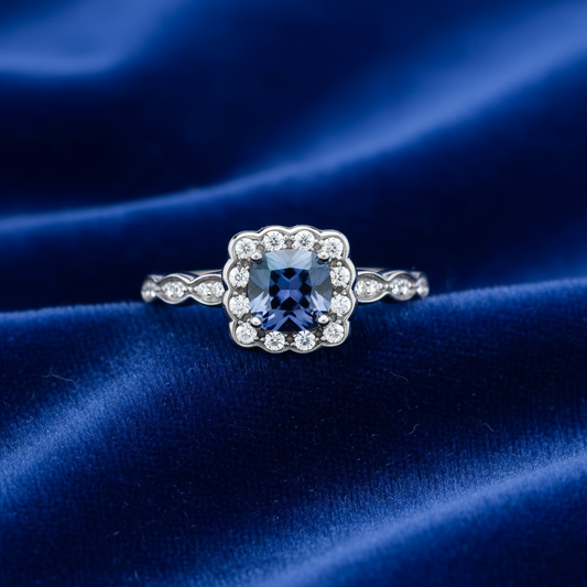 Sapphire Cushion Ring Solid Sterling Silver 925 Square Cluster Size K - S