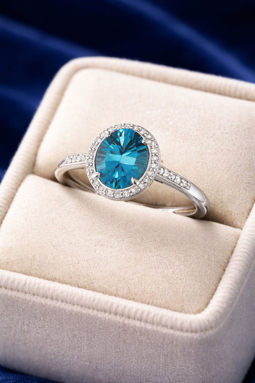 London Blue Topaz and Diamond Ring 9ct White Gold Oval Halo Sizes JKLMNOPQ