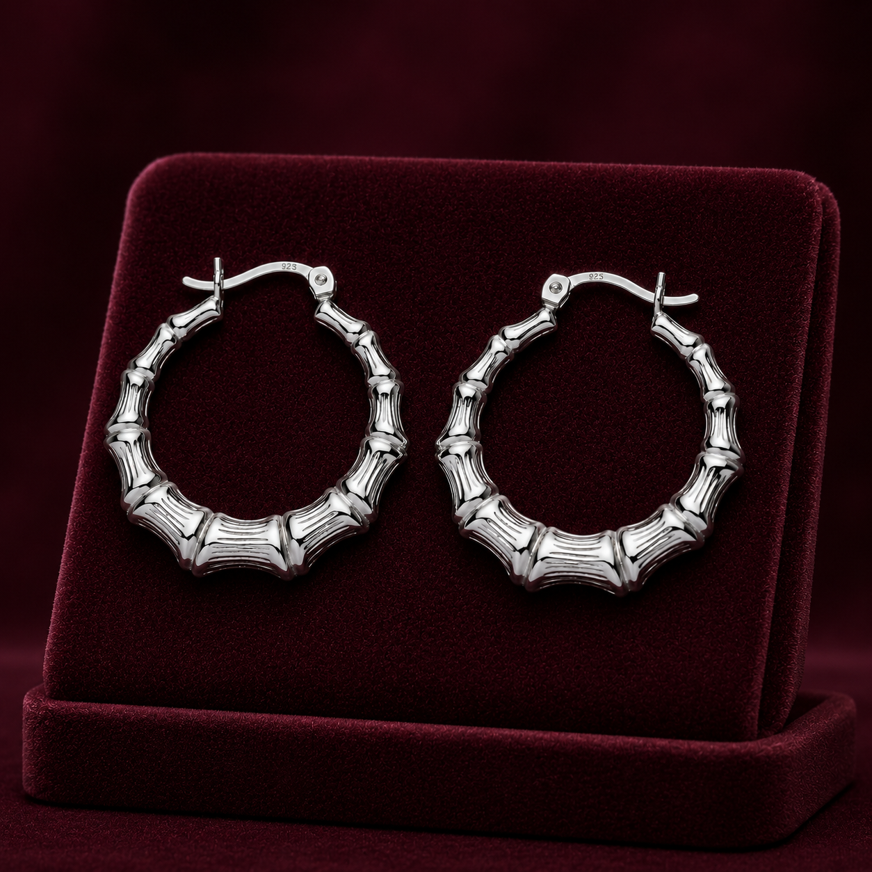 Sterling Silver Bamboo Creole Hoop Earrings 925 Hallmark 27mm