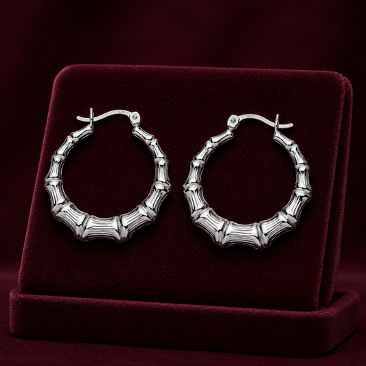Sterling Silver Bamboo Creole Hoop Earrings 925 Hallmark 27mm