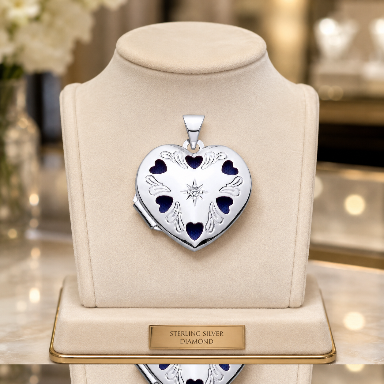 Heart Shaped Locket Pendant With Real Diamond Solid Sterling Silver 18" Chain
