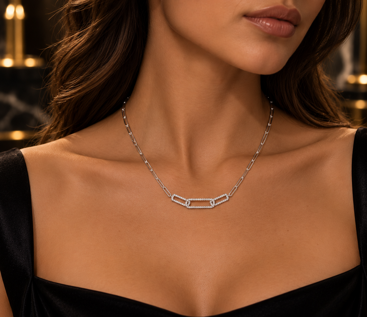 Elegant White Gold Paperclip Chain Necklace Pavé Diamond Link Pendant 17"