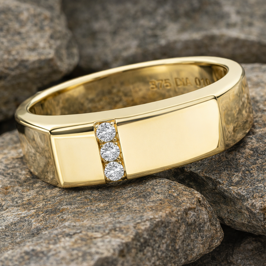 Men's Natural Diamond Ring Solid Yellow Gold Signet Wedding Band Hallmarked