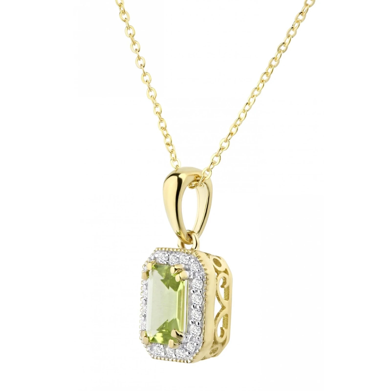 Real Peridot Pendant With Diamond Halo Solid Yellow Gold 18" 46cm Length Chain
