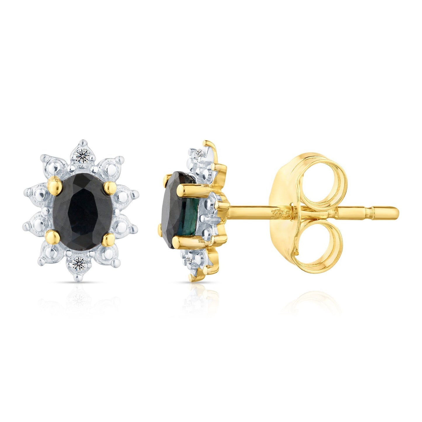 Natural Sapphire & Diamond Halo Stud Earrings 9ct Yellow Gold 375