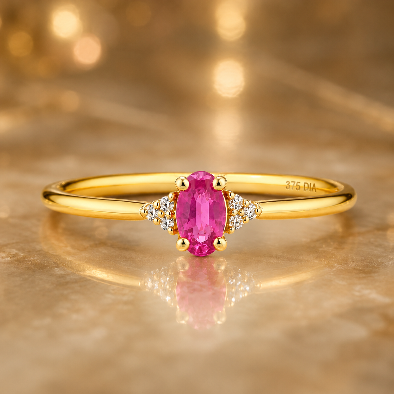 9ct Yellow Gold Ruby & Diamond Solitaire Ring Oval Cut Hallmarked