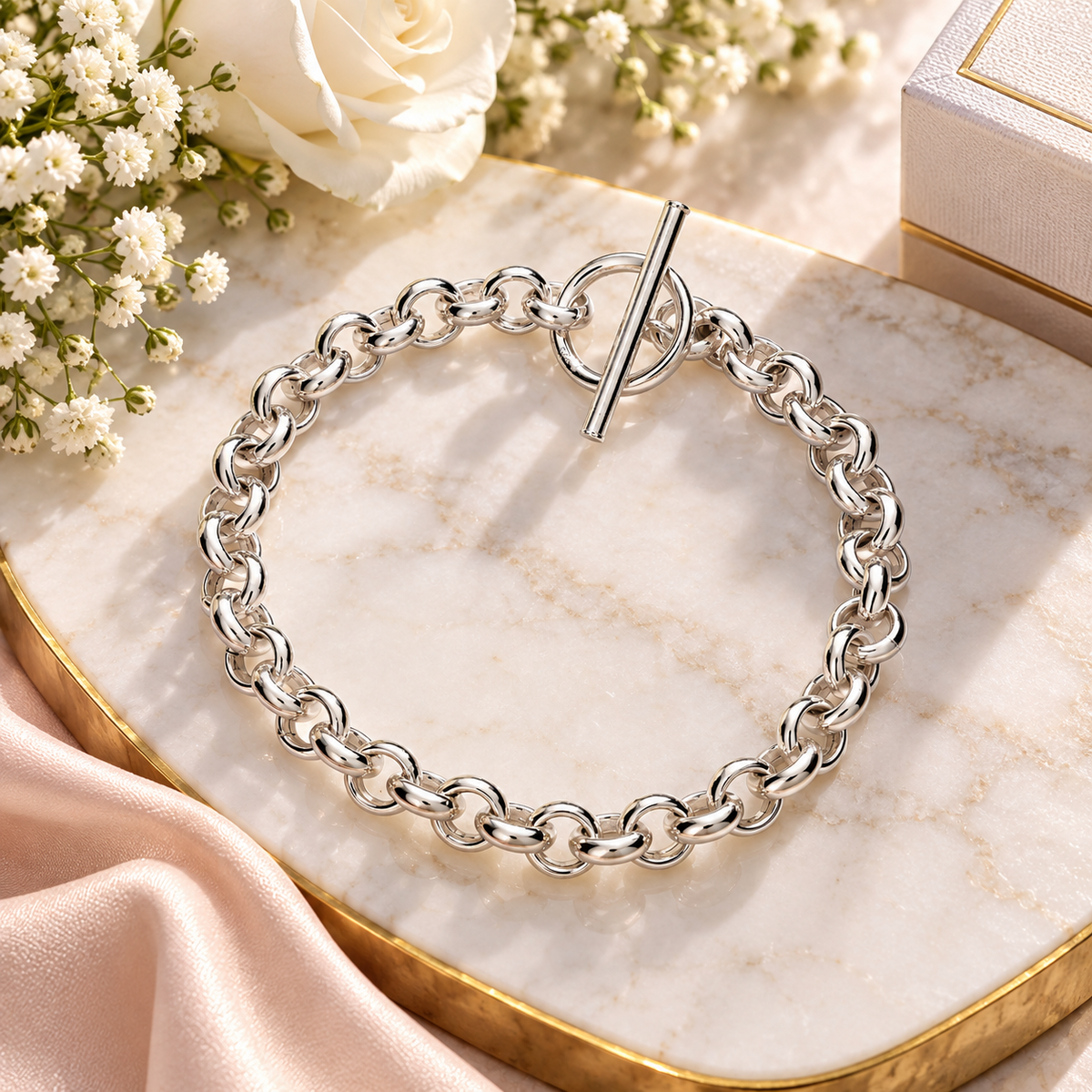 Sterling Silver T Bar Belcher Chain Bracelet Full Hallmark Classic Jewellery