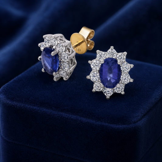 Natural Sapphire and Diamond Earrings Solid 18ct Yellow Gold Hallmarked