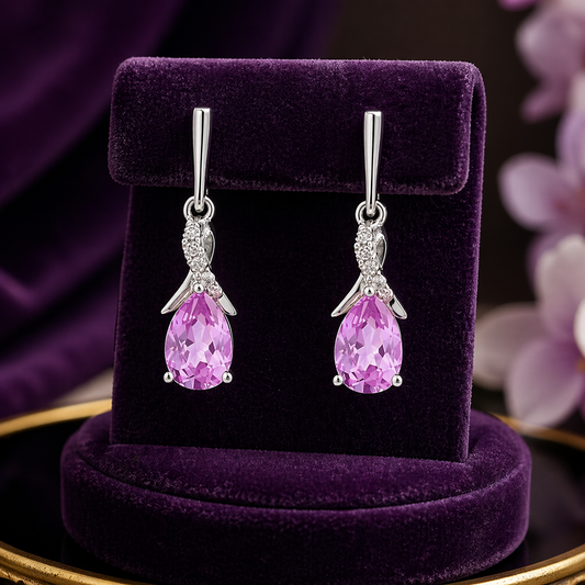 Pink Sapphire and Diamond Earrings Solid 9ct White Gold Teardrops Hallmarked