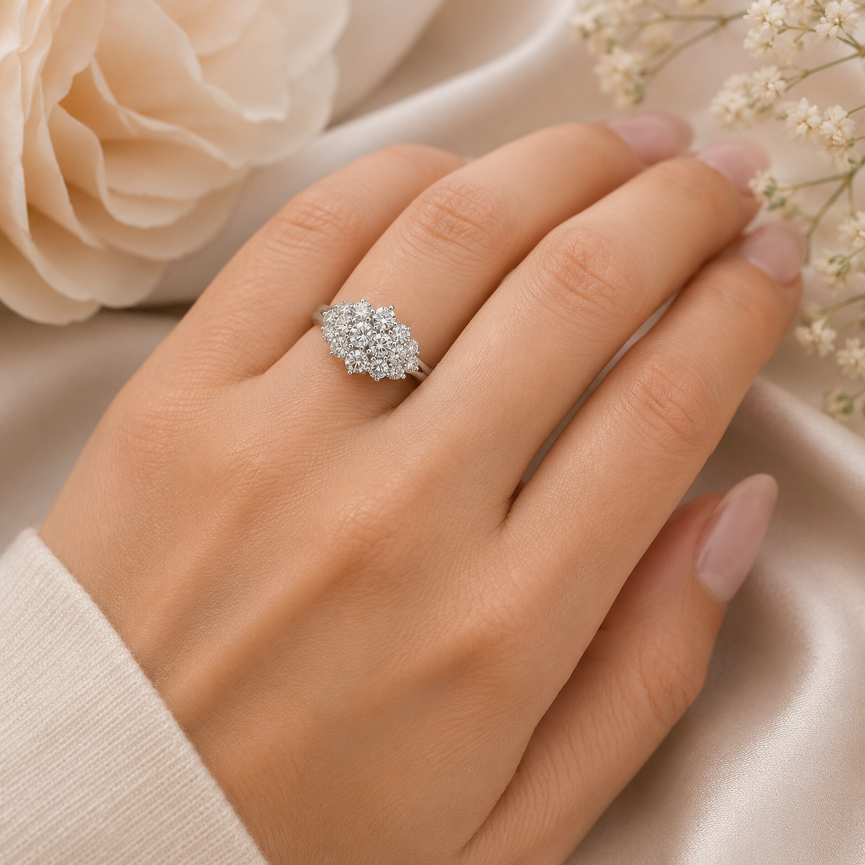 Elegant Multi-Stone Cluster Ring in Solid Sterling Silver Engagement