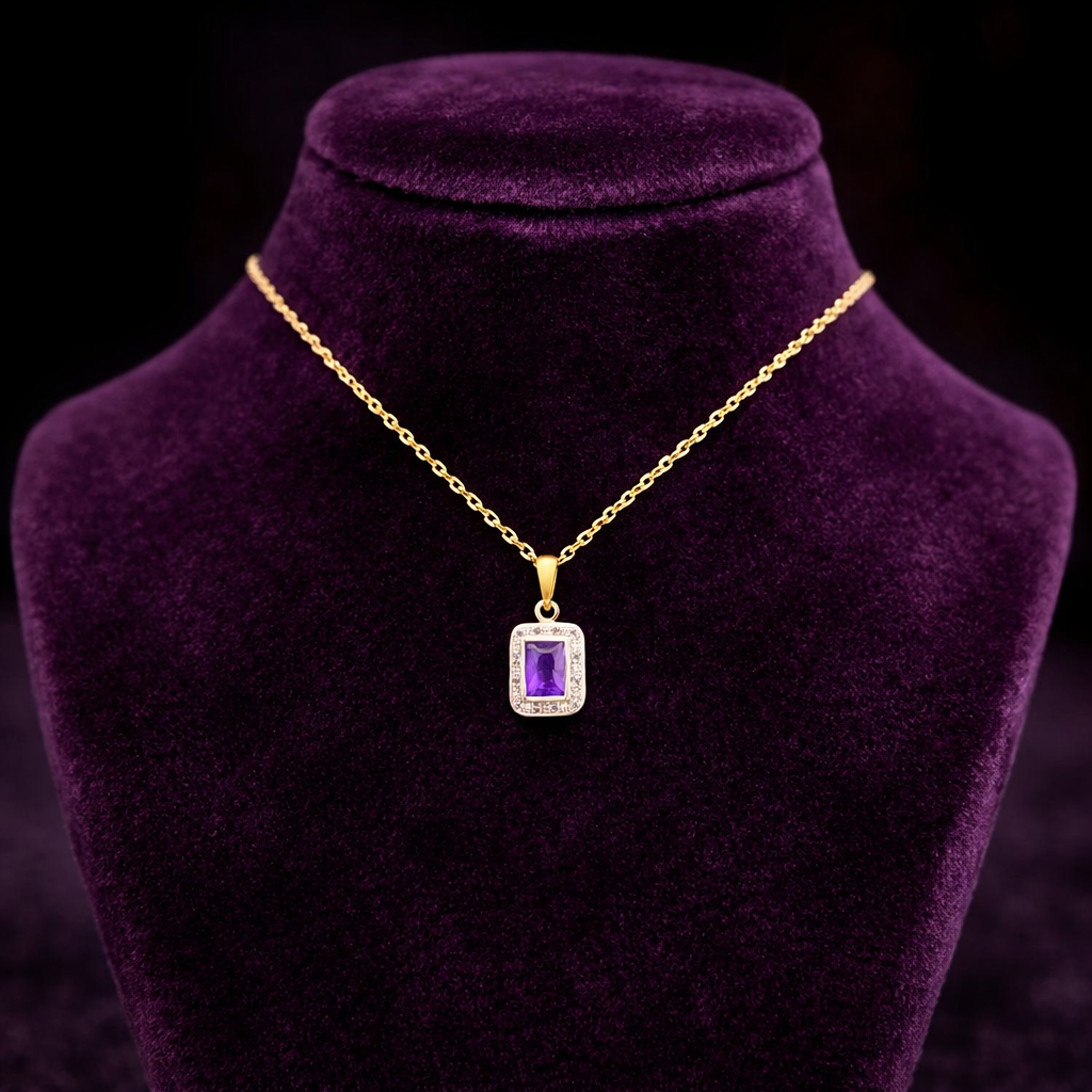 Amethyst Pendant With Diamond Halo Solid Yellow Gold 18" 46cm Length Chain
