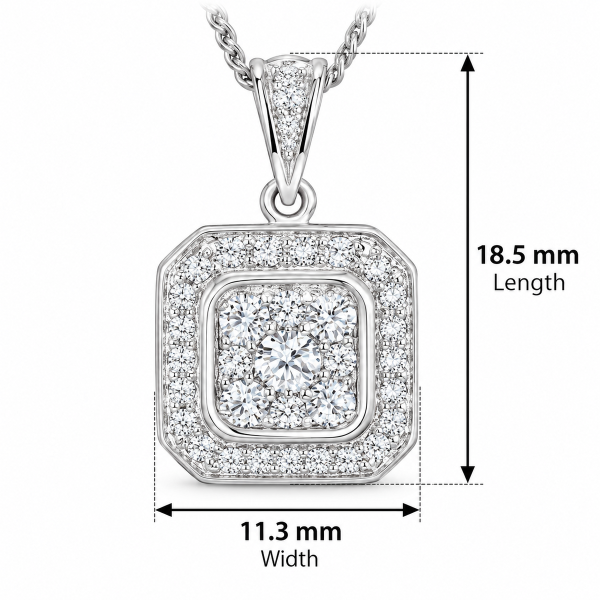 Real Diamond Square Pendant 18ct White Gold 0.50ctw Premium Diamonds 18" / 45cm