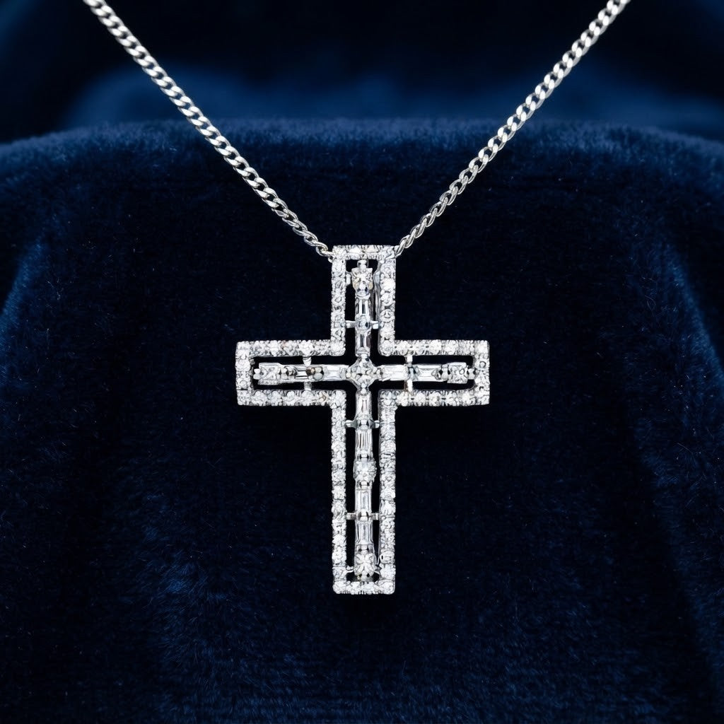 Real Diamond Cross Pendant Baguette & Round Premium Diamonds 18ct Gold 18"/45cm