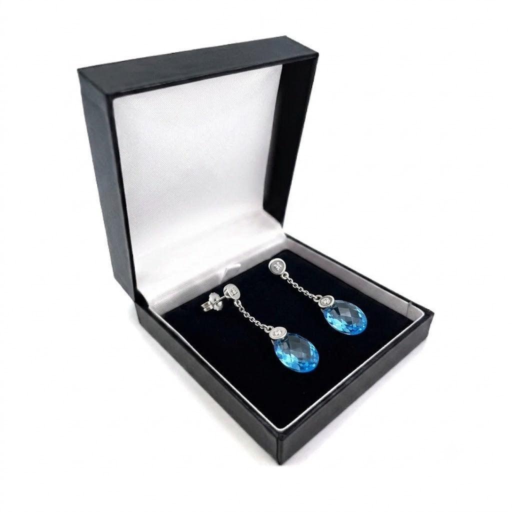 White Gold Blue Topaz Drop Earrings Diamond Accent Dangle Oval Gemstone Jewelry