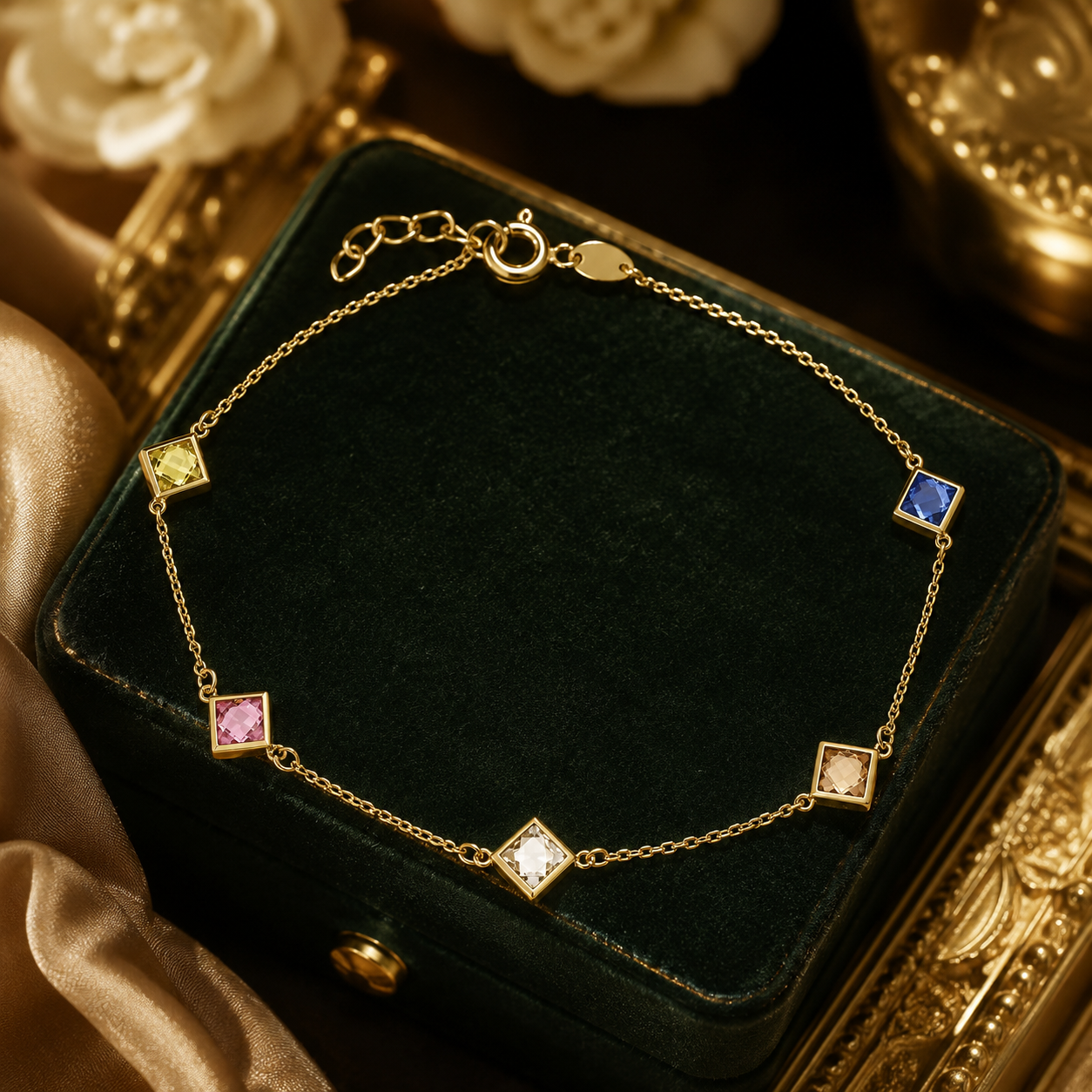 Multicolour Cushion Gemstone Station Bracelet Yellow Gold 375 Hallmark 17.5-19cm
