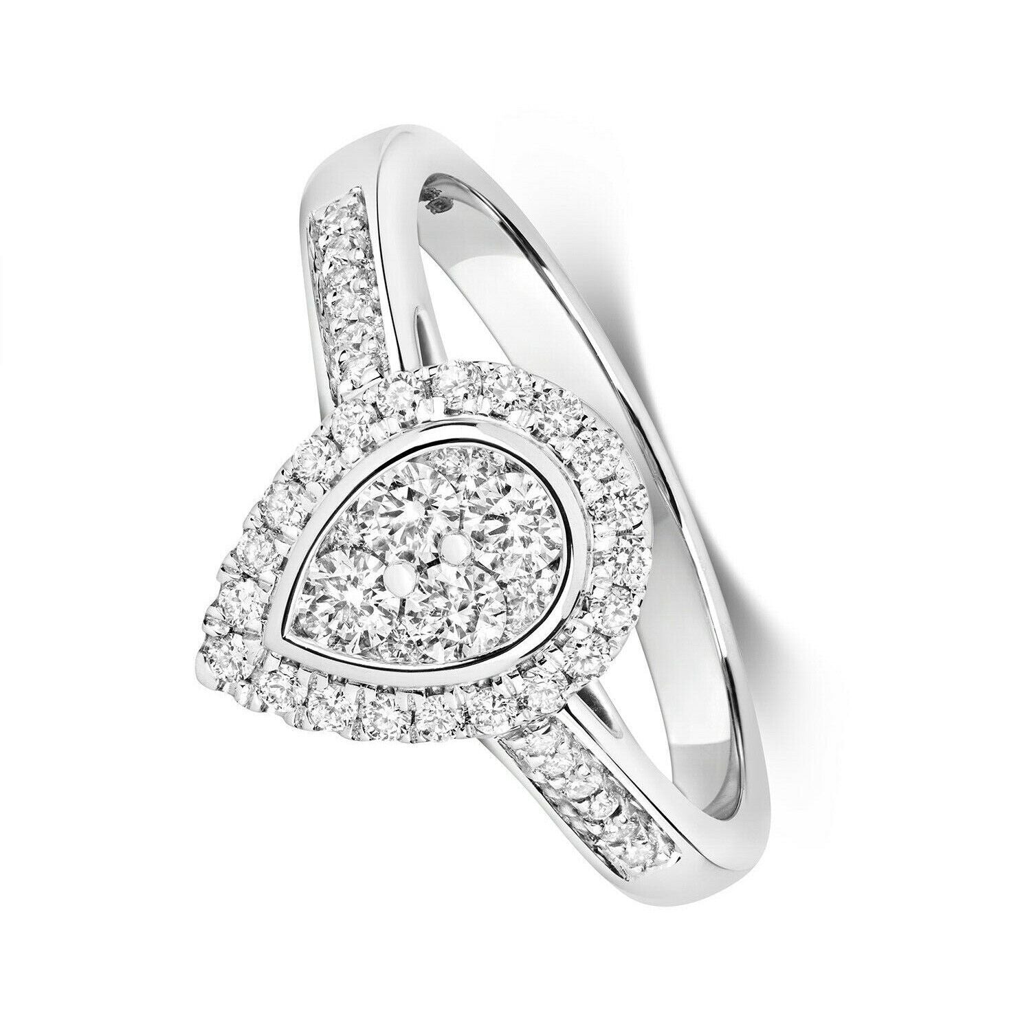 Real Diamond Pear Teardrop Ring 9ct White Gold Halo Cluster 0.50 Carat Weight