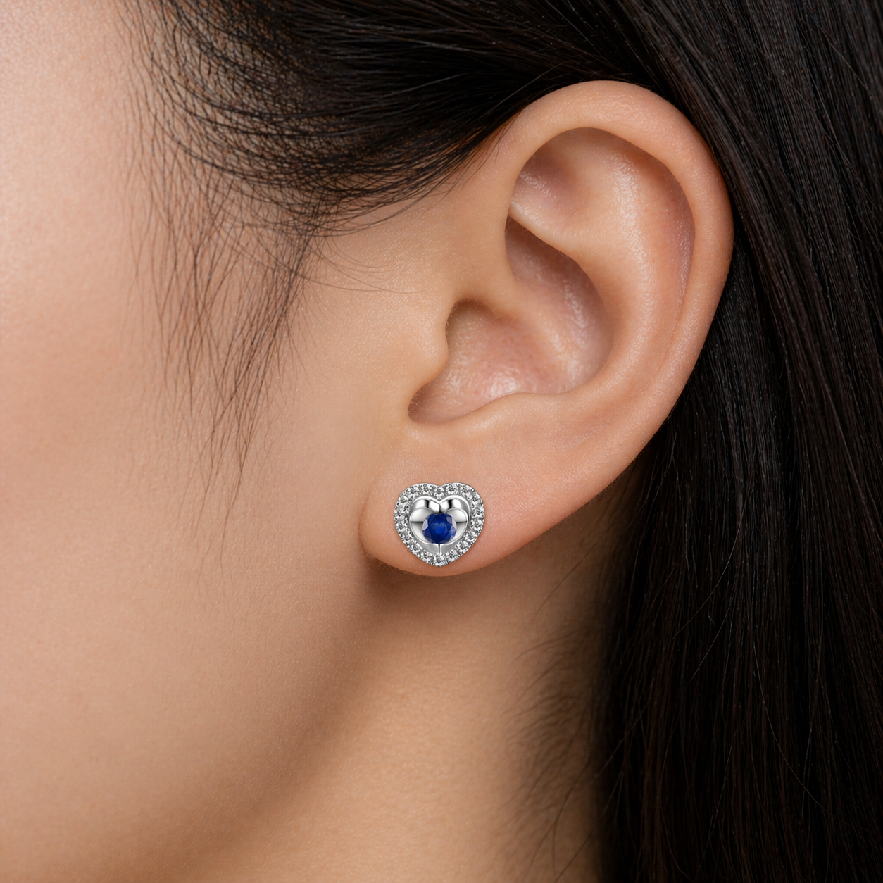 Natural Sapphire and Diamond Heart Earrings Solid 9ct White Gold Hallmarked