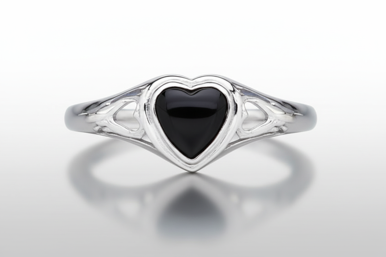 Onyx Heart Ring Solid Sterling Silver Ladies
