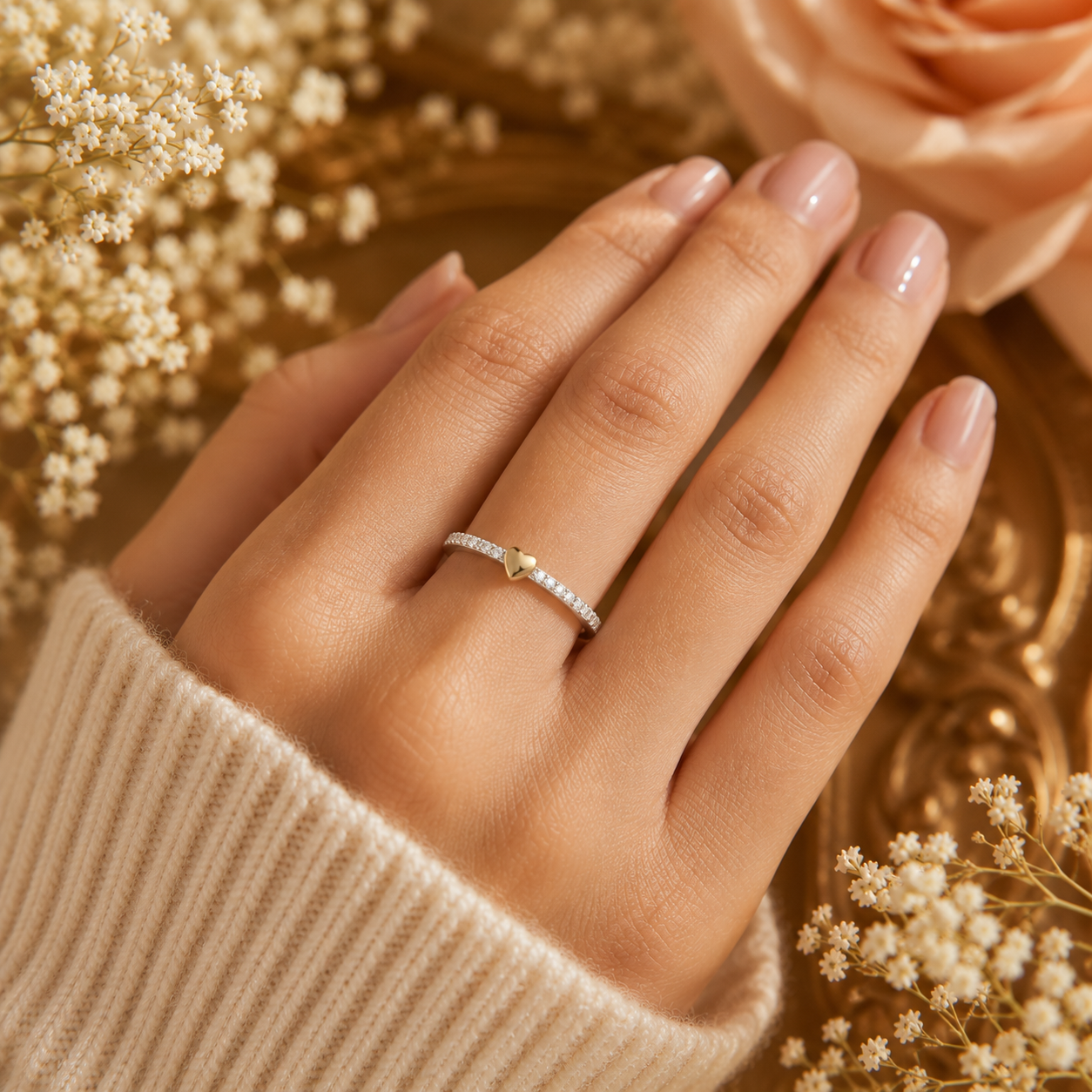 18ct Yellow Gold Heart Ring on Solid Sterling Silver Stackable 925 Hallmark