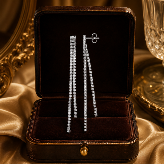 18k White Gold Plated Double Row Tennis Drop Earrings Natural Diamond 70mm Drop