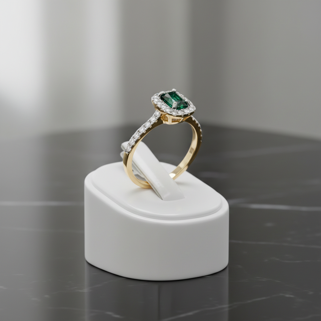 18ct Gold Emerald Ring Rectangle Halo on Sterling Silver 925 Hallmark Size K-S