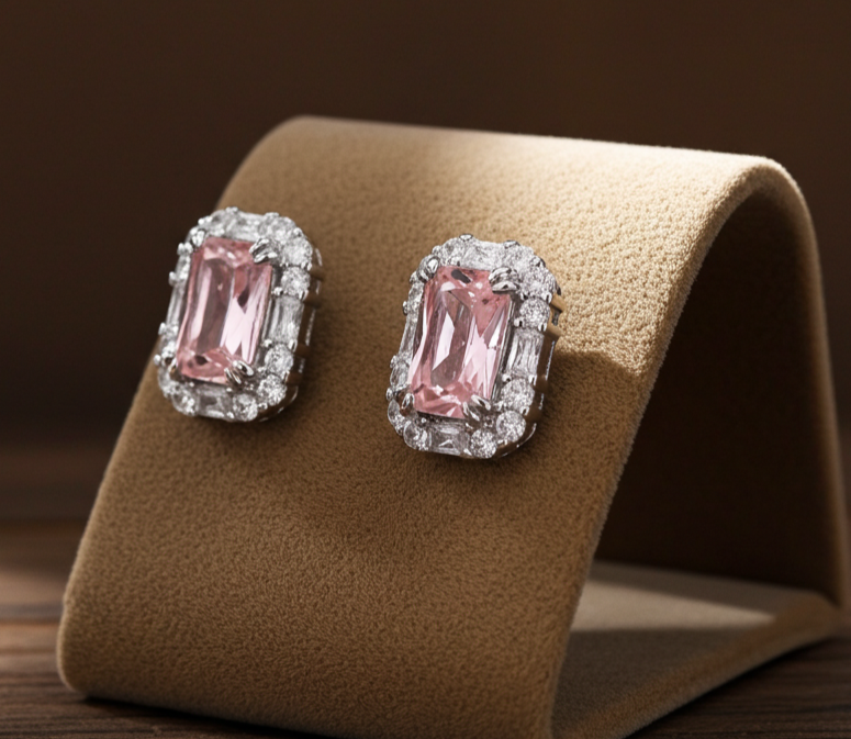 Pink Zircon Cluster Earrings Solid Sterling Silver 925 Hallmark Rhodium Finish