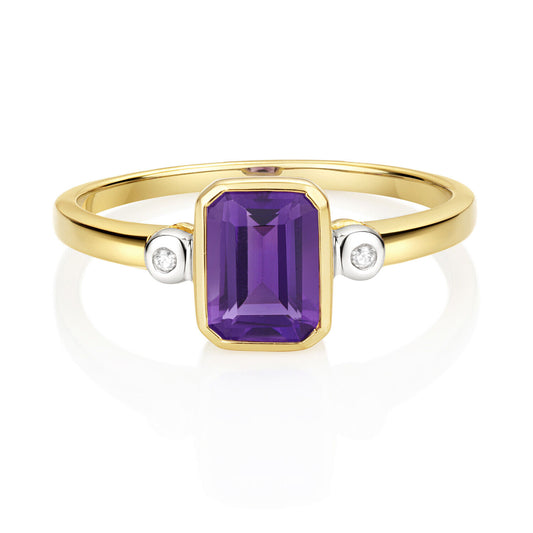 Real Amethyst and Diamond Ring 9ct Yellow Gold Emerald Cut Solitaire Sizes J-Q