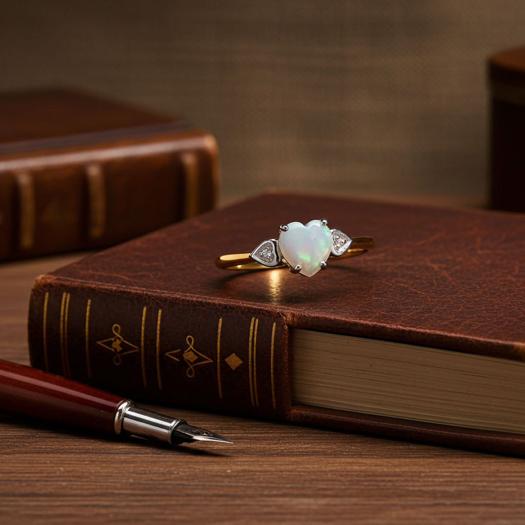 Natural Opal Heart and Diamond Ring 18ct Gold Solid Sterling Silver Size J - V