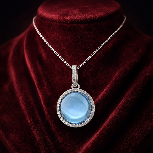 London Blue Topaz Cabochon Pendant Natural Diamonds 9ct White Gold 18" Chain