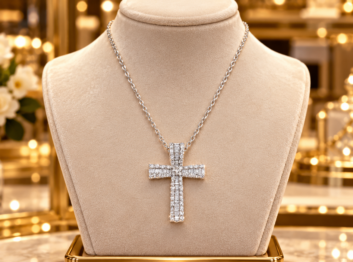 Sparkling Diamond Cross Pendant Necklace White Gold 18" Chain Elegant Jewellery