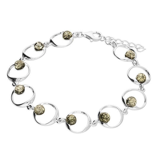 Green Amber Open Circle Bracelet Solid Sterling Silver 925 21.5cm