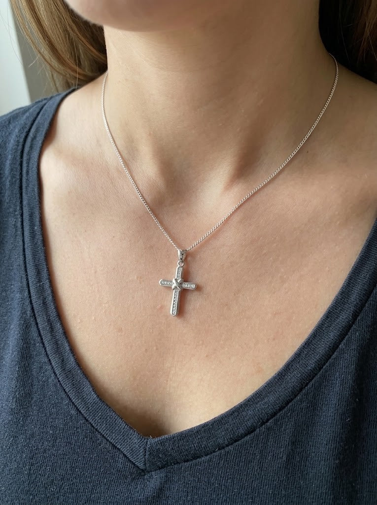 Diamond Ribbon Knot Cross Pendant White Gold 18" Chain