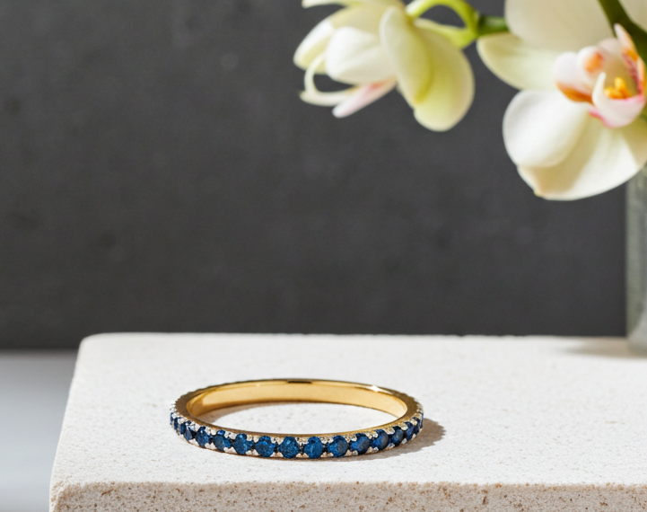 18ct Gold Sapphire Eternity Ring on Solid Sterling Silver 925 Hallmarked