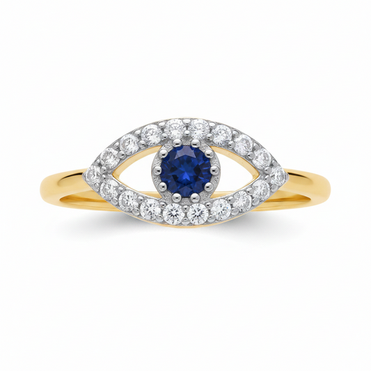 18ct Gold Sapphire Evil Eye Ring on Solid Sterling Silver 925 Hallmark Size K-S