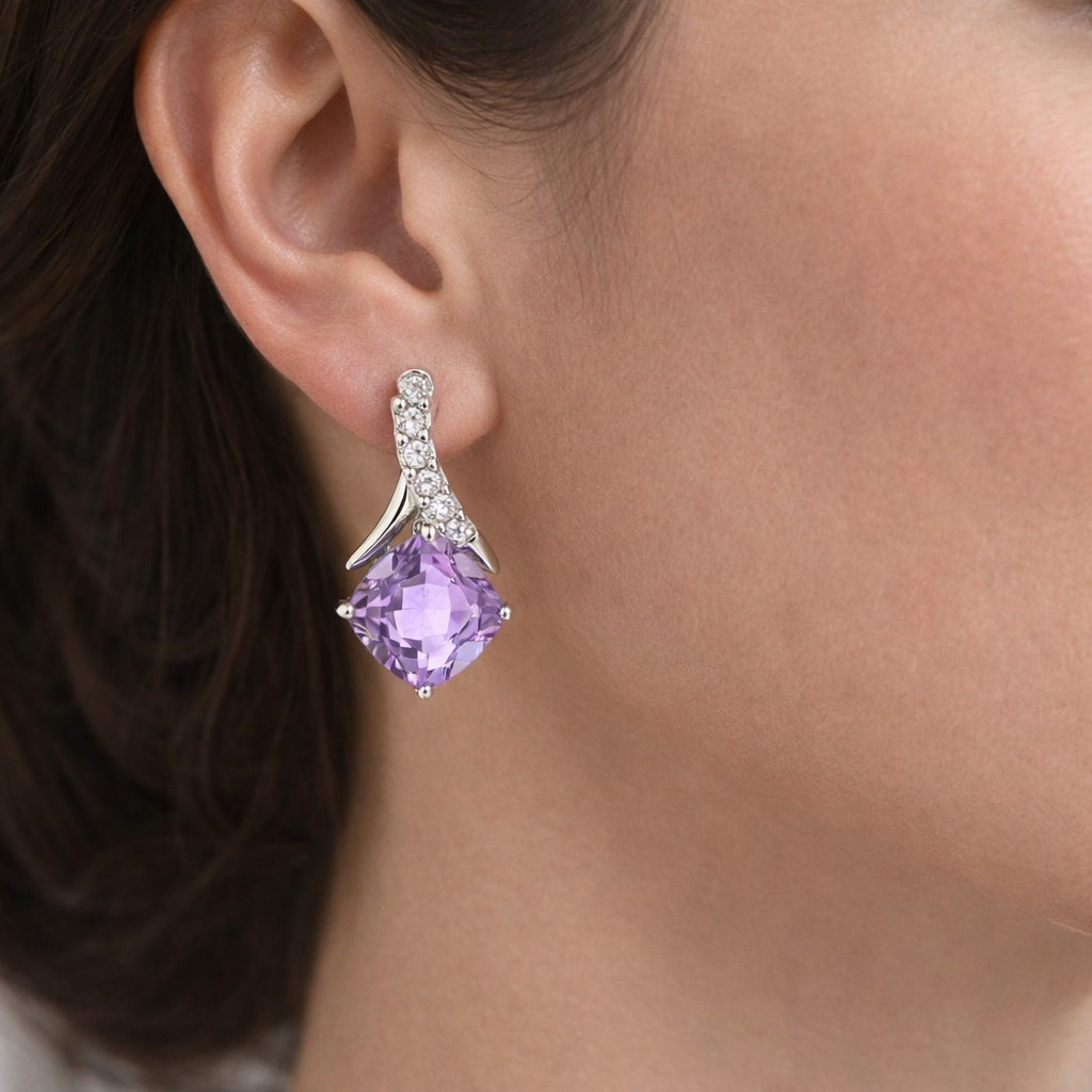 Natural Amethyst and Diamond Earrings Solid White Gold Cushion Drops Hallmarked