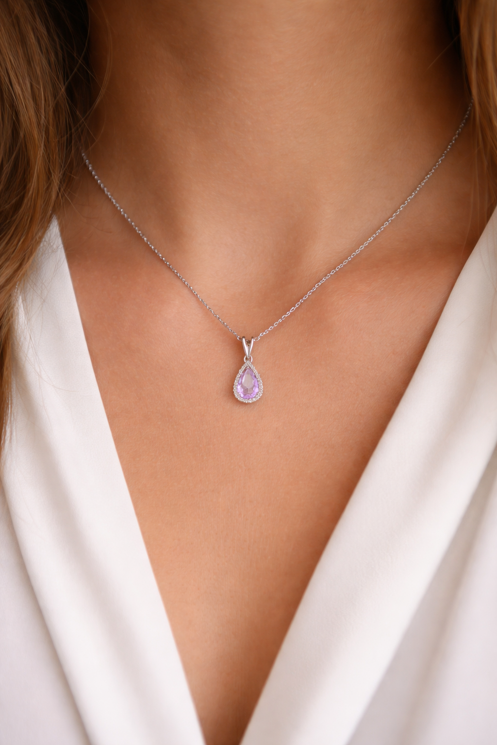 Amethyst Pear Pendant With Diamonds 9ct White Gold 18" 46cm Length Chain