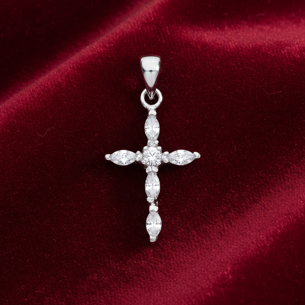 Sterling Silver Cross Pendant Marquise Gemstone 925 Hallmark 26mm Rhodium Finish