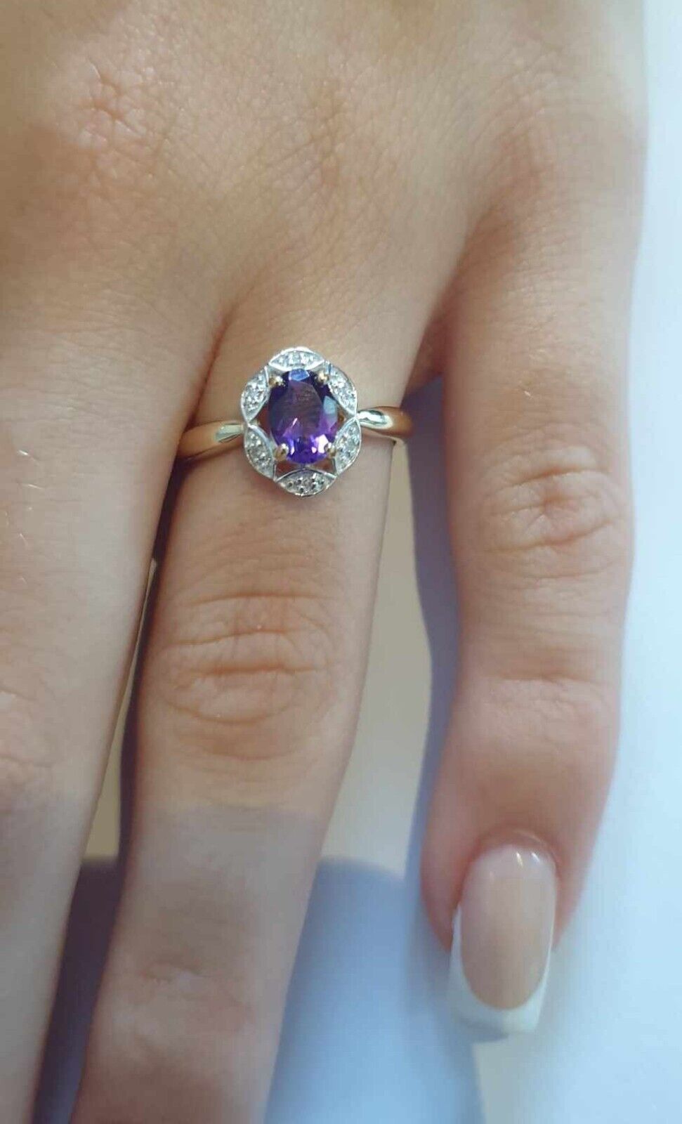 Amethyst and Diamond Ring 9ct Yellow Gold Cluster Genuine Stones Size J - Q