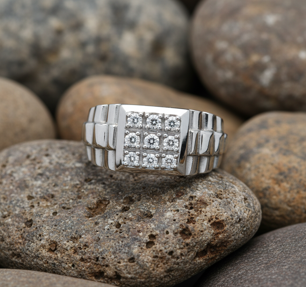 Gents 9ct White Gold Natural Diamond Ring Pinky Signet Hallmarked