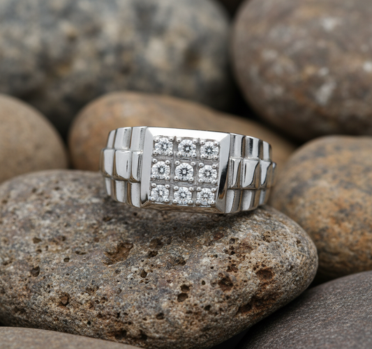 Gents 9ct White Gold Natural Diamond Ring Pinky Signet Hallmarked