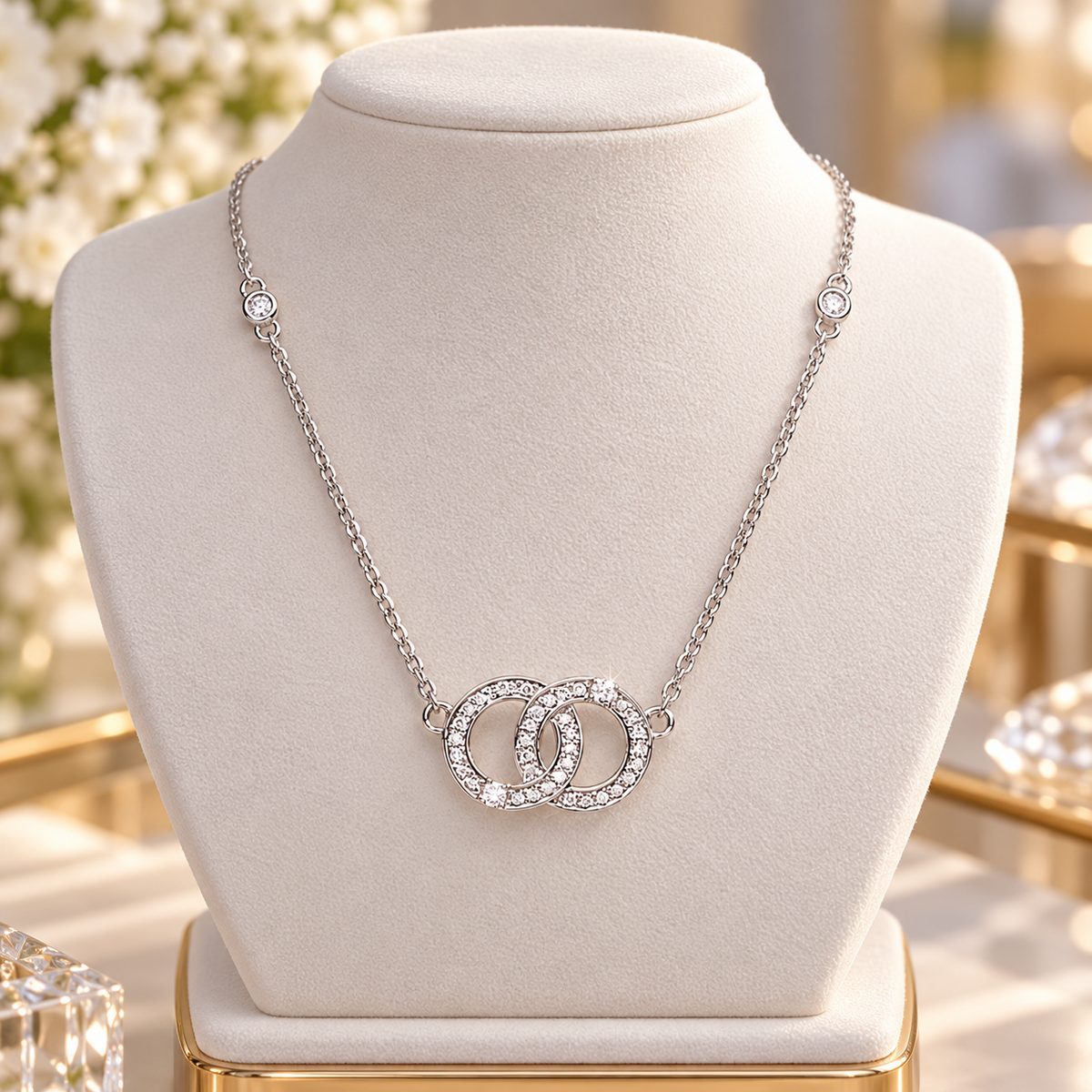 Diamond Interlocking Circle Pendant Necklace White Gold 17"/43cm