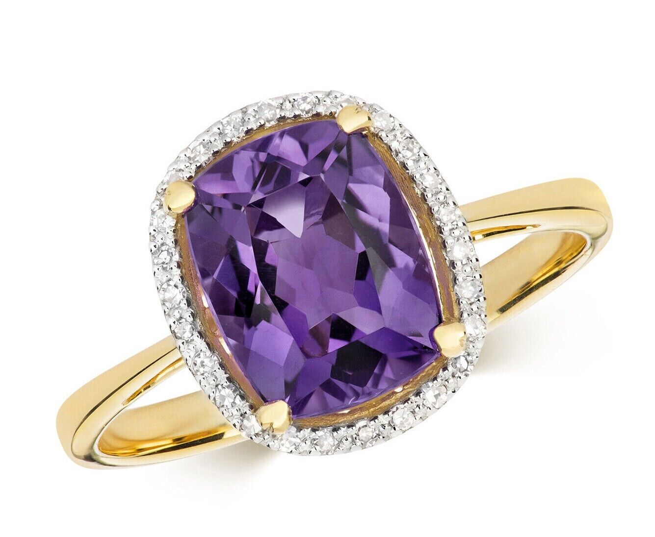Real Amethyst and Diamond Ring Solid Yellow Gold 9 x 7mm Cushion Size J - Q