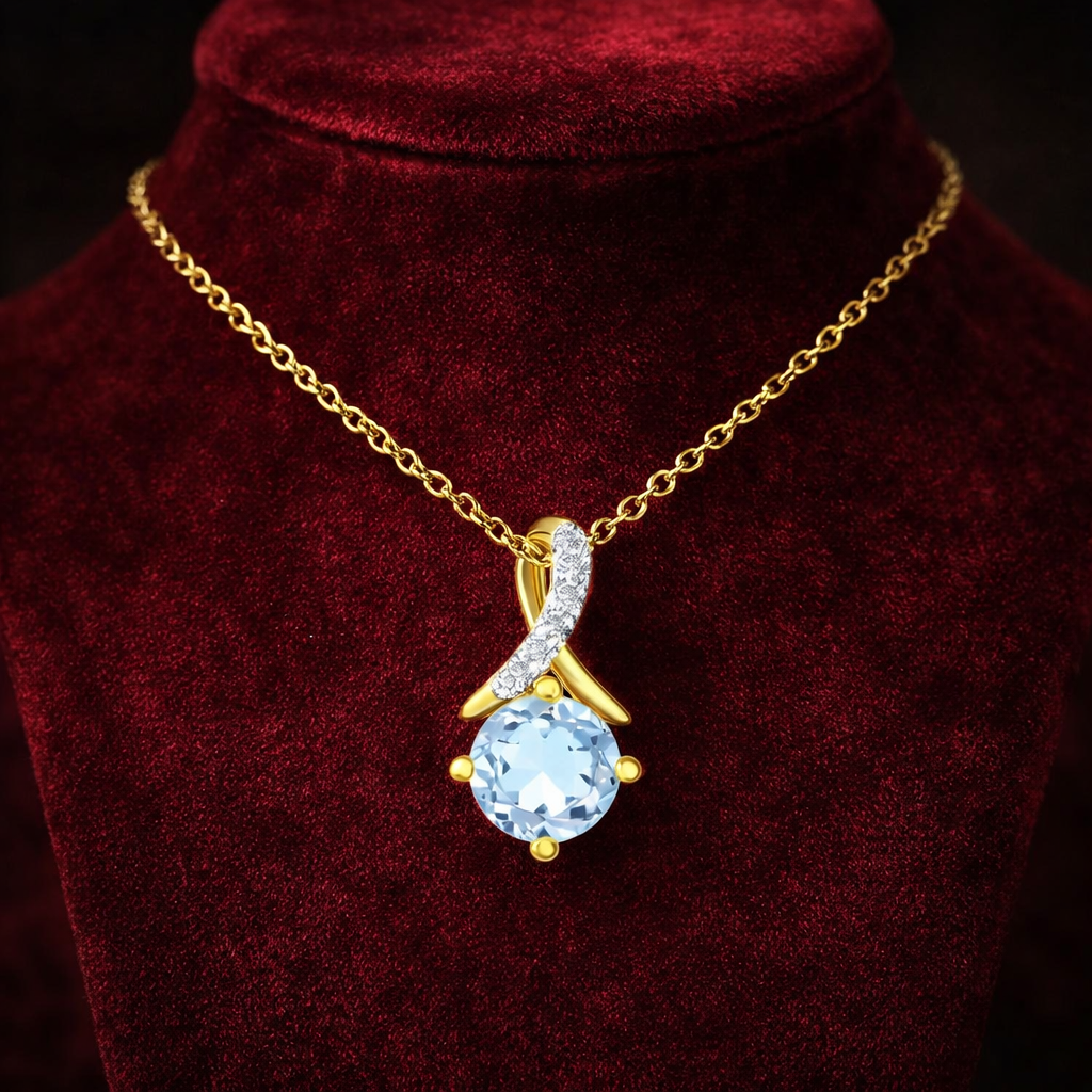 Blue Topaz Pendant With Diamond Kiss Solid Yellow Gold 18" 46cm Length Chain